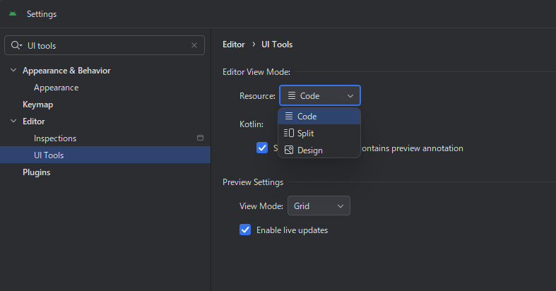 android studio xml code view で常に開くように設定を変更 – Android iPhone windowsメモ ...